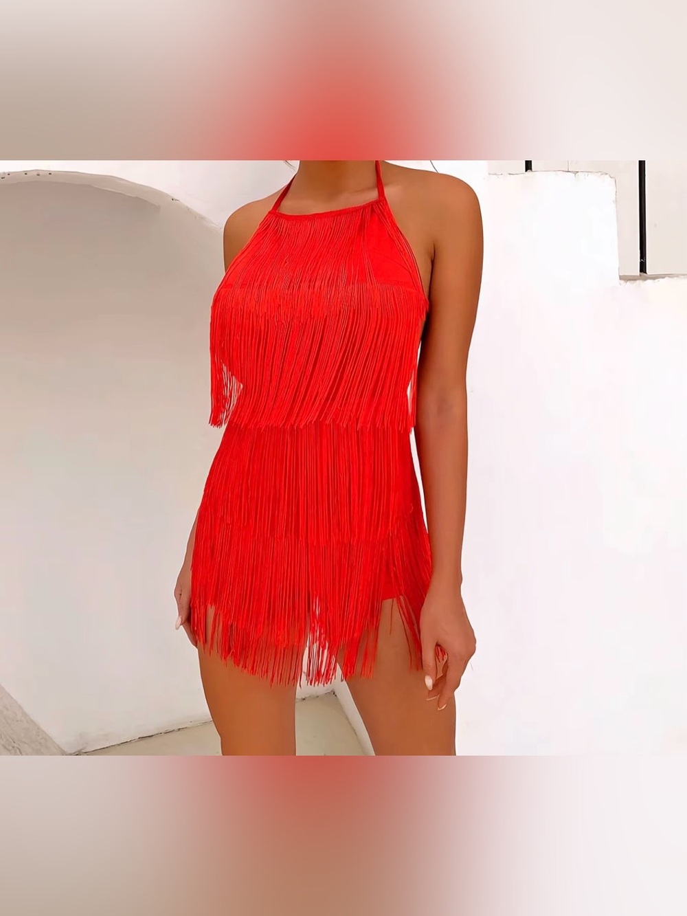 Red Fringe Halter Mini Dress - Women Dresses